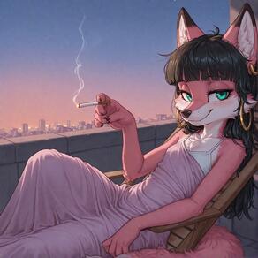 1girl animal_ears artist:ohlawdhecummin black_hair blunt_bangs body_fur chair character:pip(ohlawdhecummin) cigarette closed_mouth dress earrings furry furry_female holding holding_cigarette hoop_earrings jewelry long_hair looking_at_viewer sitting sky smile smoke smoking solo tail two-tone_fur white_dress // 1656x1656 // 127KB