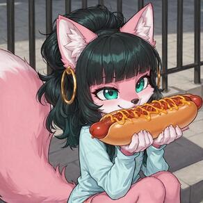 1girl animal_ear_fluff animal_ears animal_nose artist:ohlawdhecummin black_hair character:pip(ohlawdhecummin) earrings eating food fox_girl furry furry_female green_eyes holding holding_food hoop_earrings hot_dog jewelry ketchup long_hair sitting smile solo tail // 1656x1656 // 178KB