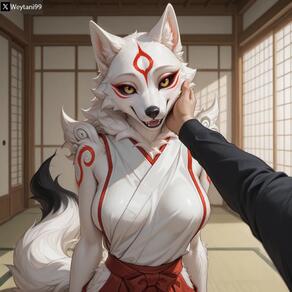 amaterasu_(okami) anthro asian_clothing black_sclera black_tail_tip bottomwear breasts canid canine canine_teeth canis clothing director_name east_asian_clothing facial_markings fangs female fur hakama hand_on_cheek happy head_markings japanese_clothing looking_at_viewer mammal markings miko_outfit neck_tuft okami_(capcom) petting pov_hands red_bottomwear red_clothing red_hakama red_markings side_boob sleeveless smile solo_focus tail tatami tuft weytani99 white_body white_fur wolf yellow_eyes // 1024x1024 // 61KB