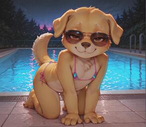 all_fours artist:ansio77 bedroom_eyes bikini character:Sammy cub dog domesticated_dog female loli looking_at_viewer night outdoors pool puppy smirk sunglasses yellow_lab young // 1480x1280 // 119KB