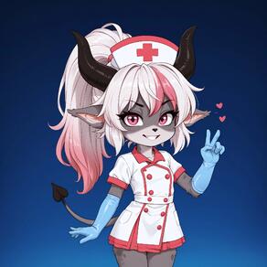 1girl animal_ears artist:azziai blue_gloves character:lizzy_(azziai) furry furry_female gloves gradient_background hat heart horns long_hair looking_at_viewer multicolored_hair nurse nurse_cap pink_hair ponytail smile solo tail v white_hair // 2048x2048 // 174KB