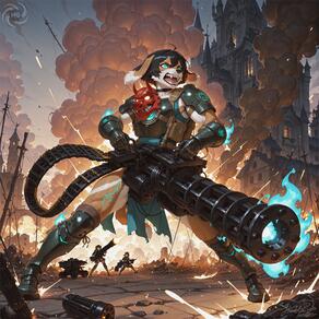 1girl animal_ears armor artist:humble_grifter black_hair boots dog_ears dog_girl furry gatling_gun gun holding holding_weapon mask smoke solo_focus weapon // 2000x2000 // 295KB
