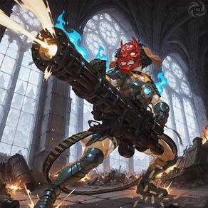 armor artist:humble_grifter black_hair fire firing gatling_gun gun holding holding_weapon indoors mask shell_casing solo teeth weapon window yellow_eyes // 2000x2000 // 309KB