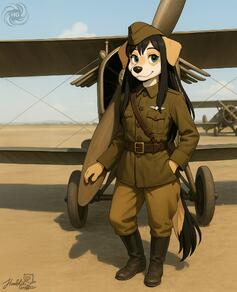 1girl aircraft airplane animal_ears artist:humble_grifter artist_name belt black_hair boots brown_pants closed_mouth day dog_ears dog_girl dog_tail full_body furry furry_female hat jacket long_hair long_sleeves looking_at_viewer military military_uniform outdoors pants pocket shadow signature sky smile solo standing tail uniform // 1622x2000 // 220KB