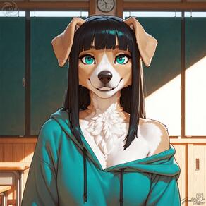 1girl animal_ears animal_nose artist:humble_grifter artist_name black_hair blunt_bangs body_fur chalkboard classroom clock dog_ears dog_girl drawstring furry furry_female hood hood_down hoodie indoors long_hair looking_at_viewer off_shoulder signature smile snout solo upper_body watermark // 2000x2000 // 156KB