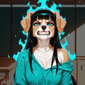 1girl animal_ears animal_nose artist:humble_grifter black_hair blunt_bangs body_fur breasts cleavage collarbone dog_ears dog_girl drawstring fangs fire furry furry_female hood hood_down hoodie indoors long_hair looking_at_viewer off_shoulder sharp_teeth single_bare_shoulder snout solo teeth upper_body watermark // 2000x2000 // 179KB