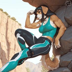 1girl animal_ears artist:humble_grifter artist_name black_hair breasts collar dog_ears dog_girl dog_tail furry furry_female long_hair medium_breasts muscular muscular_female outdoors pants snout solo tail tank_top watermark // 2000x2000 // 196KB
