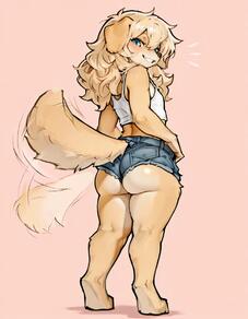 1girl animal_ears ass barefoot blonde_hair blue_eyes blush denim denim_shorts dog_ears dog_girl dog_tail from_behind full_body furry furry_female grin long_hair looking_at_viewer looking_back pink_background short_shorts shorts simple_background smile SnepStreet solo tail tail_wagging // 896x1152 // 57KB
