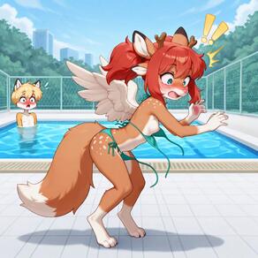 1boy 1girl 4ears antlers artist:aecii_3d bikini character:rubi(aecii_3d) daytime digitigrade fox_tail nipples pool red_hair swimsuit tail:fox wardrobe_malfunction water wings wings:feathered // 1024x1024 // 83KB