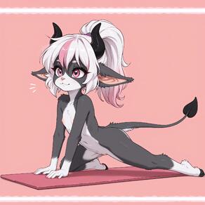 1girl animal_ears artist:azziai black_fur black_horns character:lizzy_(azziai) closed_mouth completely_nude cow_ears cow_tail flat_chest furry furry_female hooves horns long_hair multicolored_hair navel nipples nude pink_eyes pink_hair ponytail pussy small_breasts smile solo tail two-tone_hair white_hair // 2048x2048 // 142KB