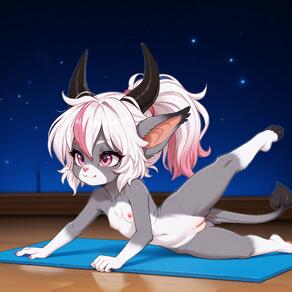 1girl animal_ears animal_nose arm_support artist:azziai barefoot black_fur blush body_fur breasts character:lizzy_(azziai) closed_mouth collarbone completely_nude full_body furry furry_female grey_fur hooves horns leg_up legs loli long_hair lying multicolored_hair navel night nipples nude on_side pink_eyes pink_hair ponytail pussy small_breasts smile solo spread_legs tail two-tone_hair uncensored white_hair // 2048x2048 // 173KB