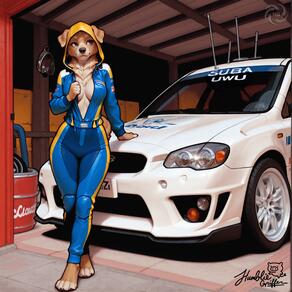 1girl animal_ears artist:humble_grifter artist_name barefoot belt blue_eyes breasts car dog_ears dog_girl dog_tail furry furry_female hood hood_up jumpsuit motor_vehicle no_bra signature snout solo tail vehicle_focus // 2000x2000 // 210KB
