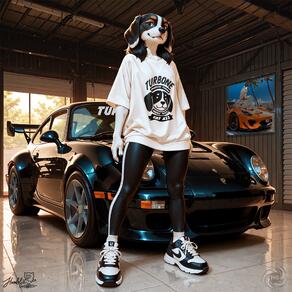 1girl animal_ears animal_nose artist:humble_grifter artist_name black_footwear car dog_ears dog_girl furry furry_female indoors leggings looking_at_viewer motor_vehicle pants shirt shoes signature smile sneakers solo standing vehicle_focus white_shirt // 2000x2000 // 278KB