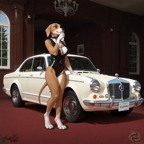 1girl animal_ears artist:humble_grifter breasts car cleavage dog_ears dog_girl dog_tail furry furry_female indoors leotard motor_vehicle solo tail vehicle_focus window // 2000x2000 // 171KB