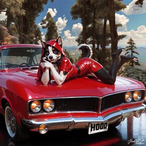 1girl animal_ears animal_nose artist:humble_grifter black_hair body_fur car cloud day dog_ears dog_girl dog_tail dress furry furry_female hood hood_up looking_at_viewer lying motor_vehicle on_stomach on_vehicle outdoors red_dress short_sleeves signature sky snout solo tail tree vehicle_focus // 2000x2000 // 399KB