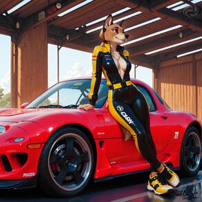 1girl animal_ears animal_nose artist:humble_grifter artist_name black_eyes bodysuit breasts car cleavage furry furry_female motor_vehicle race_vehicle shoes signature smile snout solo tail vehicle_focus yellow_footwear // 2000x2000 // 233KB