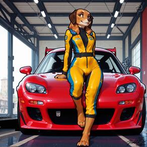 1girl animal_ears artist:humble_grifter barefoot breasts brown_eyes brown_hair car dog_ears dog_girl furry furry_female indoors looking_at_viewer motor_vehicle smile snout solo vehicle_focus // 2000x2000 // 217KB