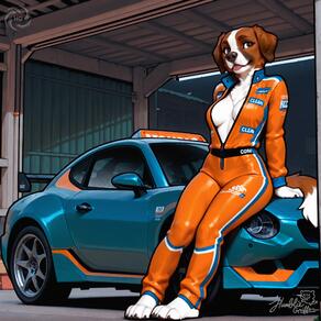 1girl animal_ears animal_nose artist:humble_grifter artist_name body_fur breasts brown_eyes car dog_ears dog_girl dog_tail full_body furry furry_female jumpsuit looking_at_viewer medium_breasts motor_vehicle no_bra on_vehicle orange_jumpsuit signature sitting snout solo tail tongue tongue_out vehicle_focus // 2000x2000 // 214KB