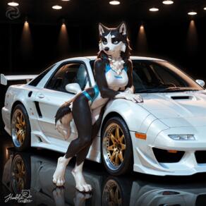 1girl animal_ears animal_feet animal_hands animal_nose artist:humble_grifter black_fur blue_eyes body_fur breasts car dog_ears dog_girl dog_tail full_body furry furry_female medium_breasts motor_vehicle one-piece_swimsuit reflection solo swimsuit tail vehicle_focus white_fur white_one-piece_swimsuit // 2000x2000 // 194KB