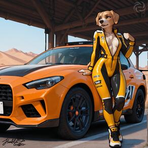 1girl animal_ears artist:humble_grifter bodysuit breasts brown_eyes car day dog_ears dog_girl furry furry_female medium_breasts motor_vehicle outdoors race_vehicle racecar shoes sneakers snout solo vehicle_focus // 2000x2000 // 200KB