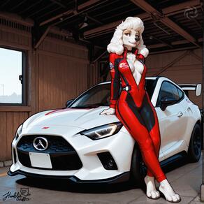 1girl animal_ears artist:humble_grifter bodysuit breasts car furry furry_female looking_at_viewer medium_breasts motor_vehicle plunging_neckline smile solo vehicle_focus white_fur white_hair // 2000x2000 // 182KB