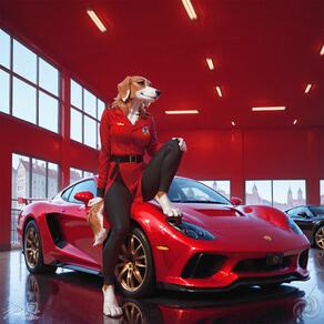 1girl animal_ears animal_nose artist:humble_grifter barefoot belt black_pants blue_eyes body_fur breasts car dog_ears dog_girl dog_tail furry furry_female indoors motor_vehicle on_vehicle pants reflection reflective_floor sitting smile solo tail vehicle_focus window // 2000x2000 // 180KB