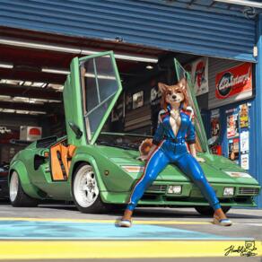 1girl animal_ears artist:humble_grifter breasts car dog_ears dog_girl dog_tail furry furry_female jumpsuit looking_at_viewer motor_vehicle race_vehicle solo tail vehicle_focus // 2000x2000 // 297KB