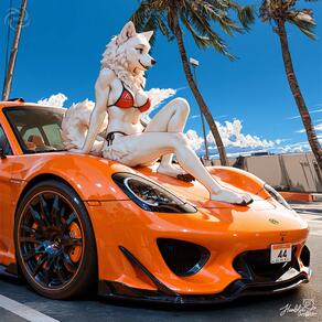 1girl animal_ears animal_feet animal_nose artist:humble_grifter artist_name bikini blue_eyes blue_sky body_fur breasts car cloud day furry furry_female medium_breasts motor_vehicle navel on_vehicle outdoors palm_tree red_bikini side-tie_bikini_bottom signature sitting sky smile snout solo swimsuit tail tree white_fur // 2000x2000 // 312KB