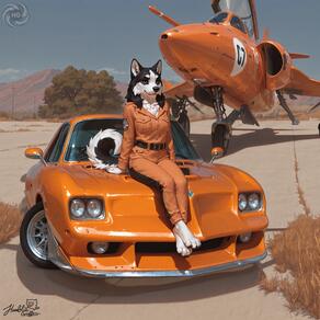 1girl aircraft airplane animal_ears animal_nose artist:humble_grifter artist_logo artist_name barefoot belt black_belt black_eyes black_fur body_fur car day dog_ears dog_girl dog_tail furry furry_female jumpsuit motor_vehicle on_vehicle orange_pants outdoors pocket roundel signature sitting sky tail tree vehicle_focus white_fur // 2000x2000 // 227KB