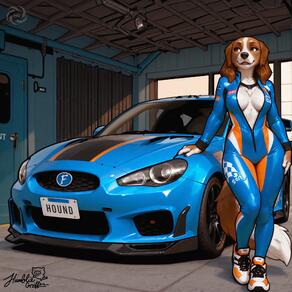 1girl animal_ears artist:humble_grifter bodysuit breasts brown_eyes brown_hair car dog_ears dog_girl dog_tail furry furry_female motor_vehicle shoes sneakers solo tail vehicle_focus // 2000x2000 // 207KB