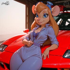 1girl animal_ears animal_nose artist:humble_grifter belt blonde_hair blue_eyes breasts car cleavage eyeshadow furry furry_female goggles goggles_on_head jumpsuit long_hair looking_at_viewer makeup medium_breasts motor_vehicle mouse_ears mouse_girl smile solo zipper // 2000x2000 // 173KB