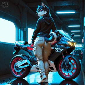1girl animal_ears artist:humble_grifter artist_name ass black_hair black_hoodie body_fur brown_pants from_behind furry furry_female hood hoodie long_sleeves looking_at_viewer looking_back motor_vehicle motorcycle pants pocket smile snout solo tail // 2000x2000 // 292KB