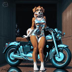 1girl animal_ears animal_nose artist:humble_grifter blue_eyes body_fur breasts claws collar dog_ears dog_girl dog_tail furry furry_female medium_breasts motor_vehicle motorcycle snout solo_focus tail // 2000x2000 // 320KB