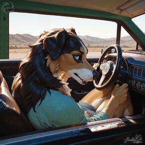1boy animal_ears aqua_shirt artist:humble_grifter artist_logo artist_name black_fur blue_eyes body_fur car car_interior cutoffs day denim denim_shorts dog_boy dog_ears dog_tail driving from_behind furry furry_male looking_at_viewer looking_back male_focus motor_vehicle mountain mountainous_horizon shirt shorts signature sitting snout solo steering_wheel white_fur // 2000x2000 // 213KB