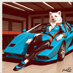 1girl animal_ears artist:humble_grifter artist_name belt border breasts car cleavage furry furry_female looking_at_viewer motor_vehicle shoes signature sneakers solo tail vehicle_focus white_border white_fur // 2000x2000 // 179KB