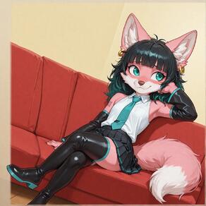 1girl animal_ears aqua_necktie artist:ohlawdhecummin black_hair black_skirt black_sleeves blunt_bangs boots breast_pocket closed_mouth collared_shirt couch crossed_legs detached_sleeves earrings furry furry_female green_hair jewelry looking_to_the_side necktie on_couch pleated_skirt shirt sitting skirt sleeveless sleeveless_shirt smile solo tail thigh_boots thighhighs tie_clip white_shirt // 1656x1656 // 132KB