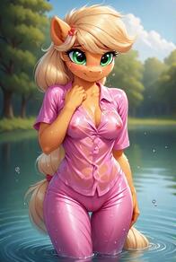 1girl artist:furryfunparty breasts character:applejack female my_little_pony nipples see-through wet // 512x761 // 41KB
