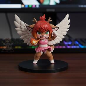 antlers artist:aecii_3d barefoot character:rubi(aecii_3d) chibi figure fire fire_breathing green_eyes panties photo_realistic pvc red_hair skirt sports_bra sweating tennis_outfit tennis_skirt wings wings:feathered // 2048x2048 // 89KB