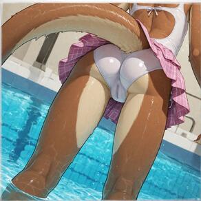 1girl ass cameltoe clothing from_behind furry kneepits one-piece_swimsuit pink_skirt plaid pool solo swimsuit tail water wet // 1560x1560 // 255KB