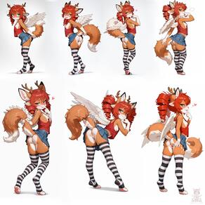 4ears antlers artist:aecii_3d character:rubi(aecii_3d) character_sheet denim denim_skirt flirting fox_tail green_eyes plain_background pussy red_hair side_boob spreading_pussy tail:fox tanktop teasing thighhighs thighhighs:striped Twin_Drills vagina vulva wings wings:feathered // 4096x4096 // 539KB