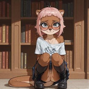 1girl animal_ears animal_nose artist:ohlawdhecummin black_footwear black_socks blue_skirt blush bookshelf boots brown_fur cleft_of_venus closed_mouth collarbone cross-laced_footwear flat_chest full_body furry furry_female glasses grey_eyes indoors loli looking_at_viewer miniskirt no_panties off_shoulder pink_hair pleated_skirt pussy round_eyewear shirt short_hair short_sleeves skirt smile socks solo squatting straight-on tail uncensored white_shirt // 1656x1656 // 149KB