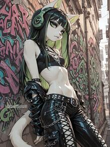 1girl animal artist:hentits1995 belt black_hair chain feline graffiti green_eyes green_hair headphones leather midriff multicolored navel pants small small_breasts solo tail two-tone white_fur // 2400x3200 // 1.0MB