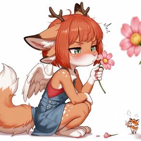 4ears antlers artist:aecii_3d barefoot character:rubi(aecii_3d) chimera deer_spots denim flower green_eyes overalls plain_background skirt snot wings wings:feathered young // 1024x1024 // 73KB