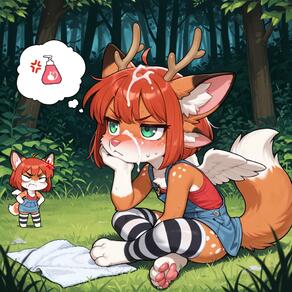 4ears antlers artist:aecii_3d character:rubi(aecii_3d) chibi chimera cum deer_spots grass green_eyes pink_nose_denim_skirt tanktop thighhighs thighhighs:striped tree wings wings:feathered // 1024x1024 // 123KB
