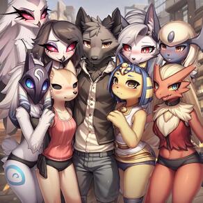 1boy 8girls artist:arturo_wolff_(artist) black_countershading black_fur blush canine_penis character:ankha_(animal_crossing) character:arturo_wolff character:fenneko character:lamb_(lol) character:loona_(helluva_boss) character:octavia_(helluva_boss) character:stella_(helluva_boss) day digitigrade eye_bags fully_clothed grey_fur group group_hug hindpaws notched_ear outside red_eyes slim smile species:absol species:blaziken species:generation_3_pokemon species:pokemon_(species) // 1504x1504 // 200KB