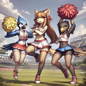 3girls artist:arturo_wolff_(artist) camel_toe character:ceroba_ketsukane cheerleader_outfit looking_at_viewer navel outside small_breasts species:blue_jay species:eagle sport sportswear trio // 1504x1504 // 240KB