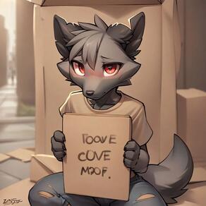 artist:arturo_wolff_(artist) black_countershading black_fur bloodshot_eyes canine_penis character:arturo_wolff digitigrade eye_bags grey_fur hindpaws holding_sign jeans looking_at_viewer notched_ear outside red_eyes shota slim text young // 1024x1024 // 47KB