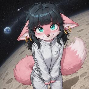 1girl animal_ears black_hair blunt_bangs blush closed_mouth earrings earth_(planet) fox_tail furry furry_female jacket jewelry long_sleeves looking_at_viewer pants planet smile solo space star_(sky) tail track_jacket track_pants white_jacket // 1560x1560 // 189KB