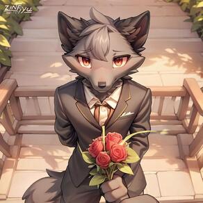 1boy 1other animal_ears animal_nose arm_behind_back arms_behind_back artist:arturo_wolff_(artist) black_fur black_pants black_suit blush body_fur bouquet breast_pocket brown_necktie character:arturo_wolff collared_shirt day flower formal from_above furry furry_male grey_fur grey_hair holding holding_bouquet holding_flower lapels long_sleeves looking_at_viewer male_focus necktie outdoors pants pocket pov pov_hands red_eyes red_flower red_rose rose shirt short_hair snout solo_focus standing suit tail two-tone_fur white_shirt wolf_boy wolf_ears wolf_tail // 1504x1504 // 130KB