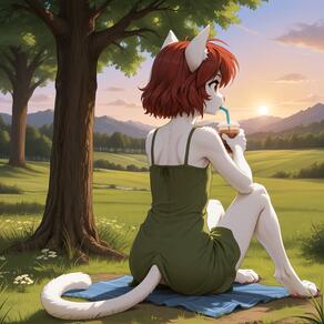 1girl animal_ears animal_feet animal_nose artist:azziai bare_shoulders barefoot body_fur cat_ears cat_girl cat_tail character:azzi cloud cup dress drink drinking drinking_straw flower from_behind full_body furry furry_female grass green_dress holding holding_cup outdoors profile red_hair short_hair sitting sky sleeveless sleeveless_dress solo tail tree white_fur // 4096x4096 // 668KB